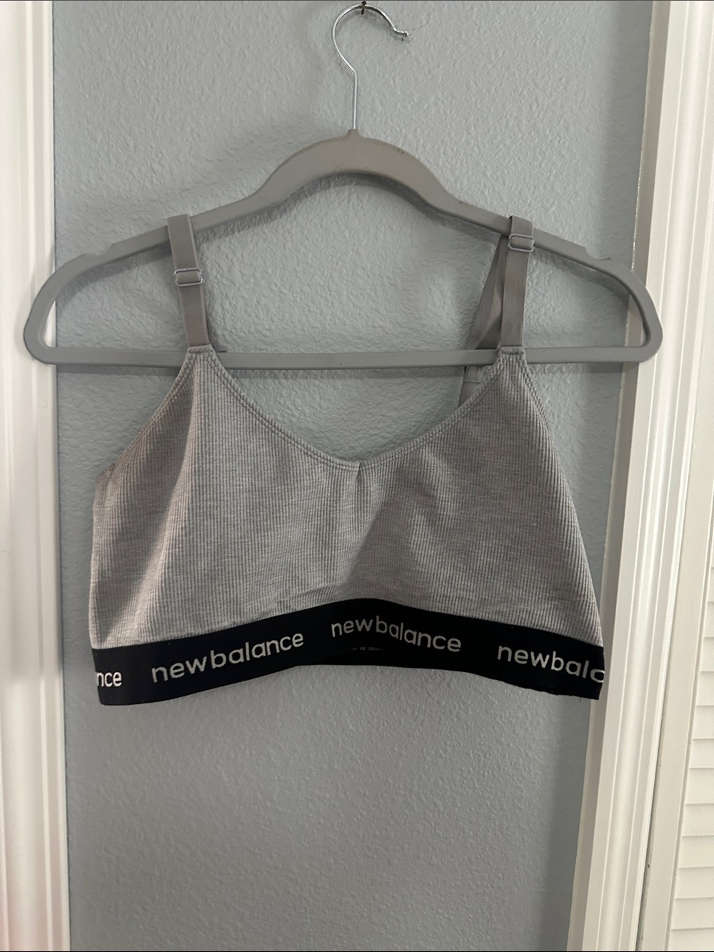 New Balance Light Gray Ribbed Sports Bralette with Black Logo Band